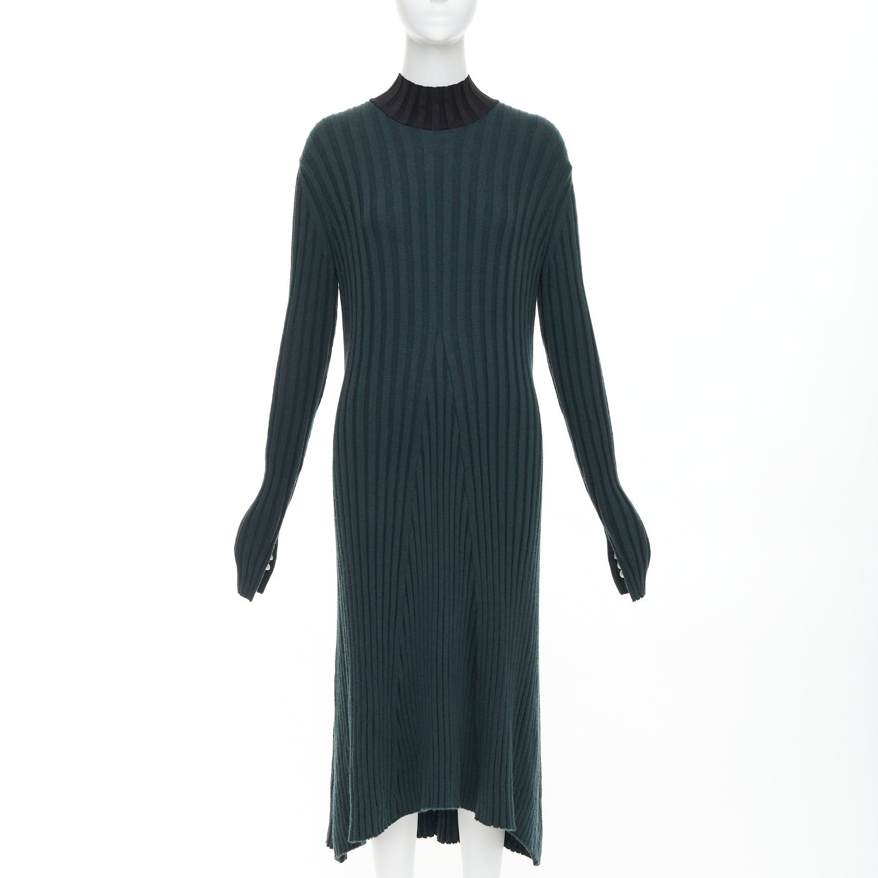 Celine OLD CELINE Phoebe Philo 2014 dark green wool mock neck ribbed knit dress S Size S / US 4 / IT 40 - 1 Thumbnail