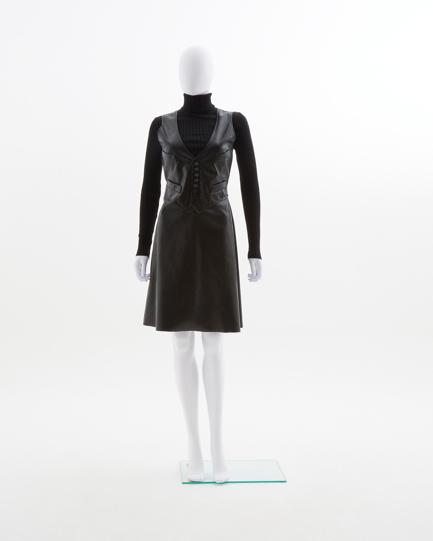 Jean Paul Gaultier Early 90's black leather & ribbed knit high-neck wool dress Size M / US 6-8 / IT 42-44 - 1 Thumbnail