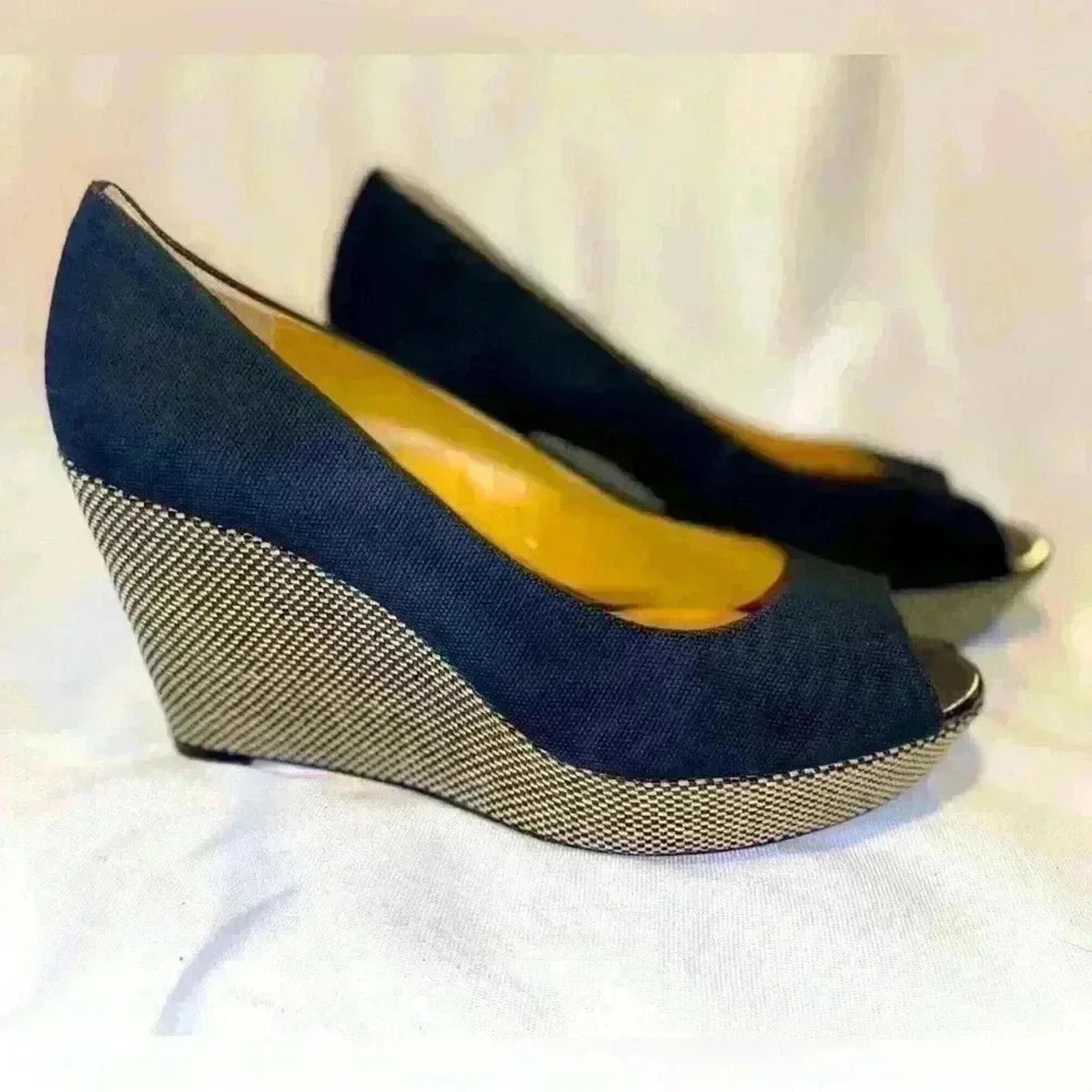 Nine West Nine West Cheerful Platform Wedge Navy Blue Canvas Peep Toe Size US 10 / IT 40 - 1 Thumbnail