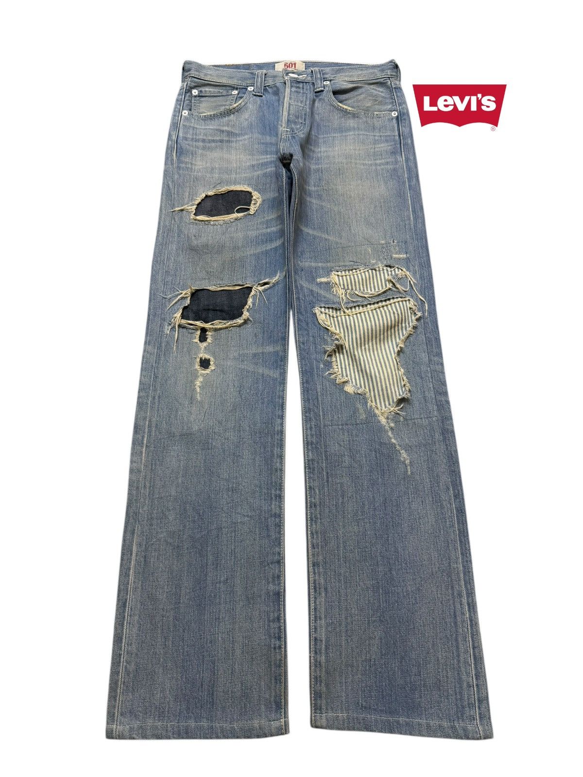 Levi's Vintage Levis 501 Blue Faded Distressed Patch Straight Leg Size US 29 - 1 Thumbnail