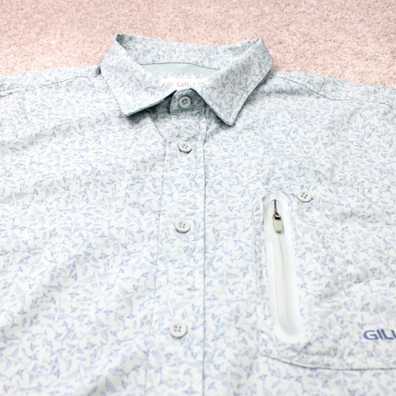 Vintage Gillz AOP Shirt Mens Large Blue Fish All Over Print Polyester Stretch L/S Button Up Shirt Size US L / EU 52-54 / 3 - 5 Thumbnail