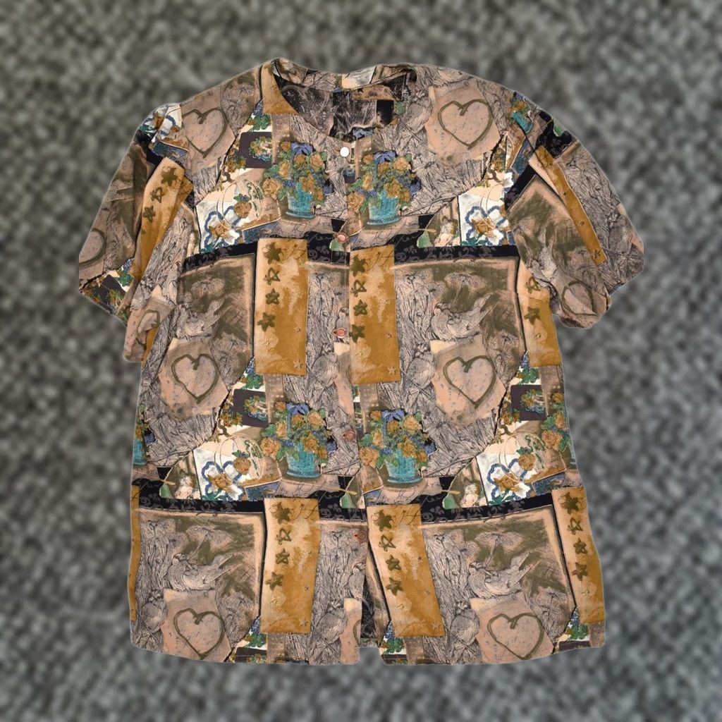 Vintage VINTAGE Brown Patchwork Viscose Blouse Shirt Womens UK 18 XL Short Sleeve MG05 Size XL / US 12-14 / IT 48-50 - 1 Thumbnail
