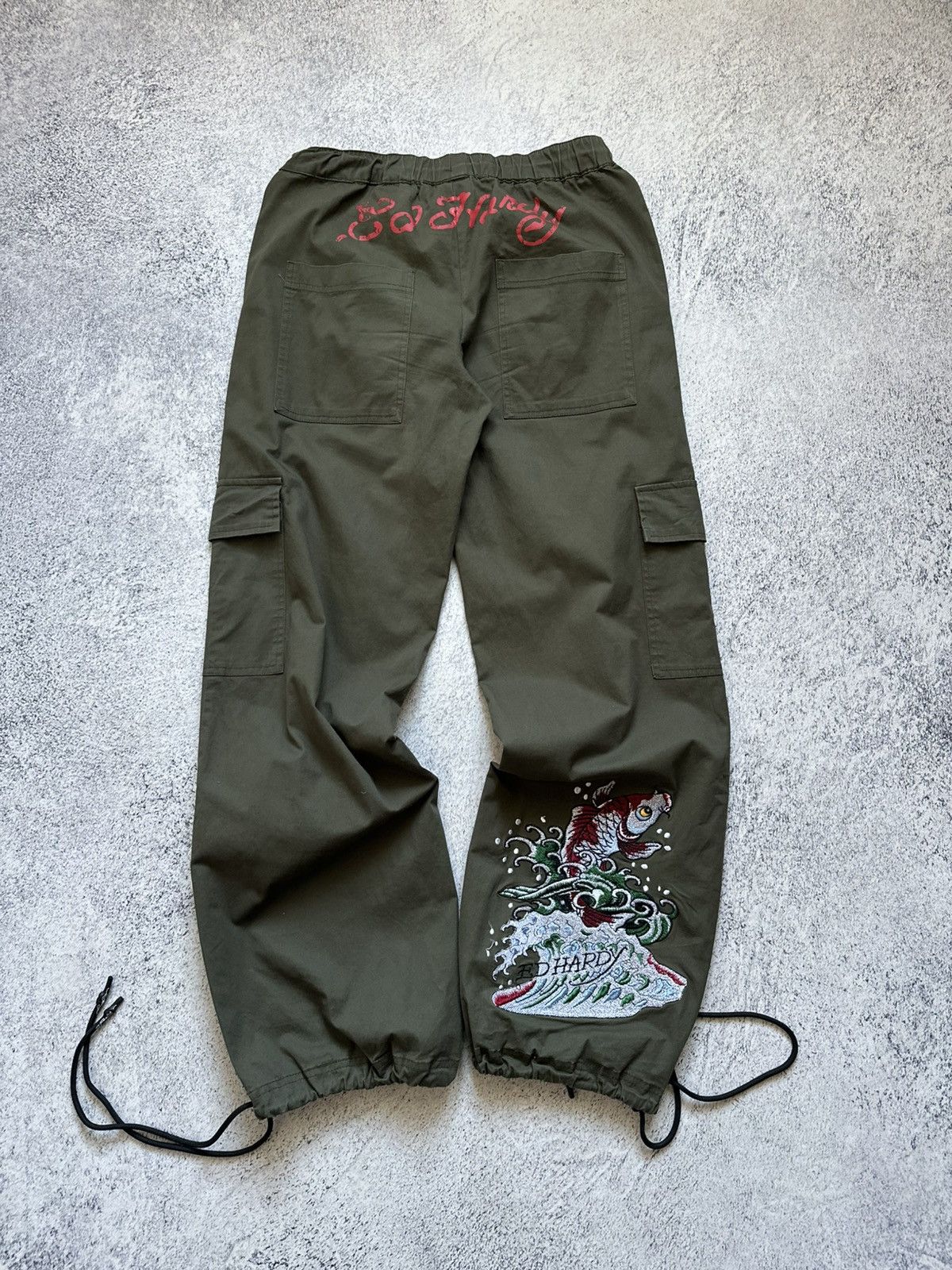 ED HARDY JAPANESE EMBROIDERED PARACHUTE CARGO PANTS Sz XS