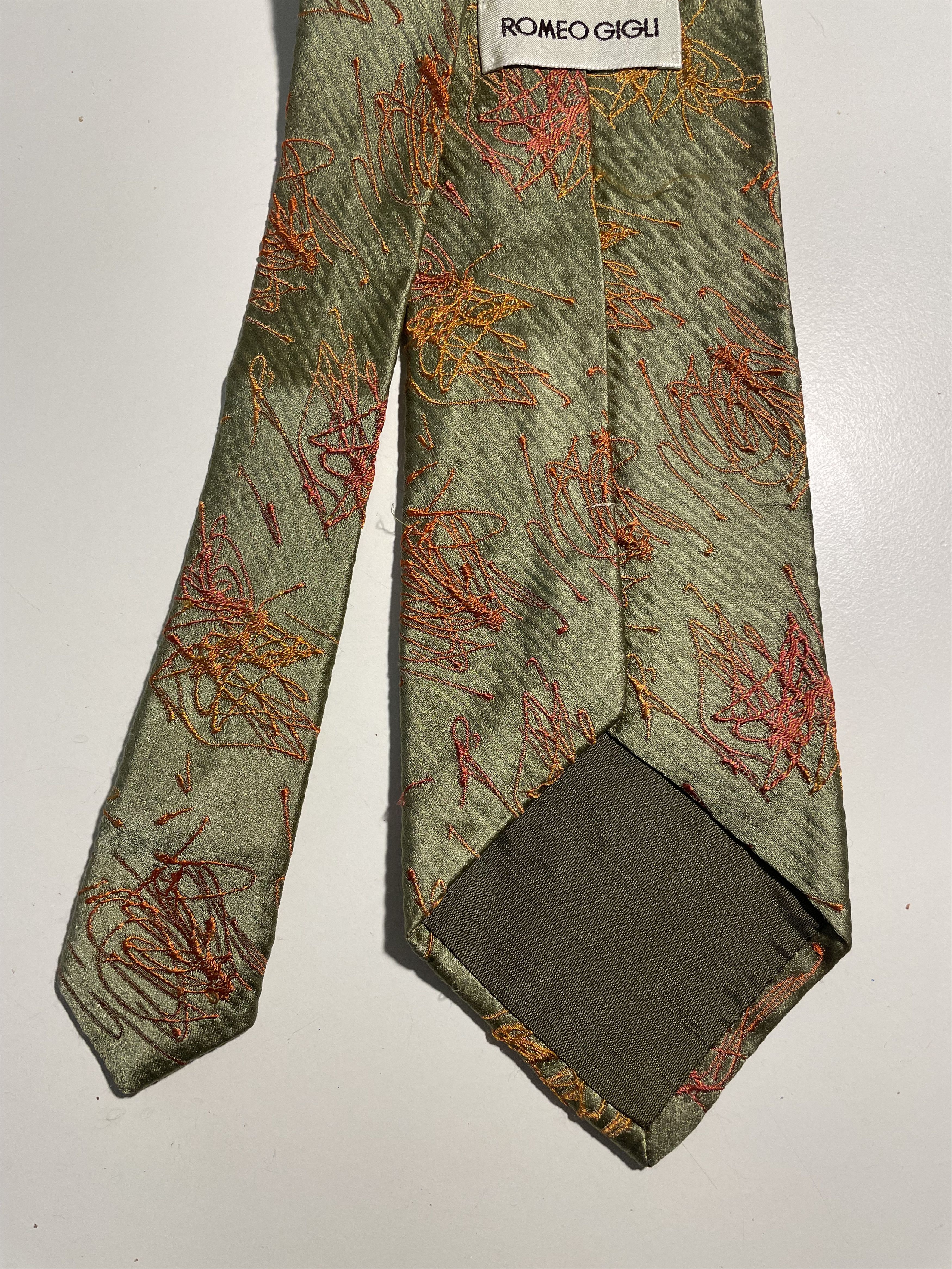 Romeo Gigli green tie with orange print, brutal! Size ONE SIZE - 3 Thumbnail