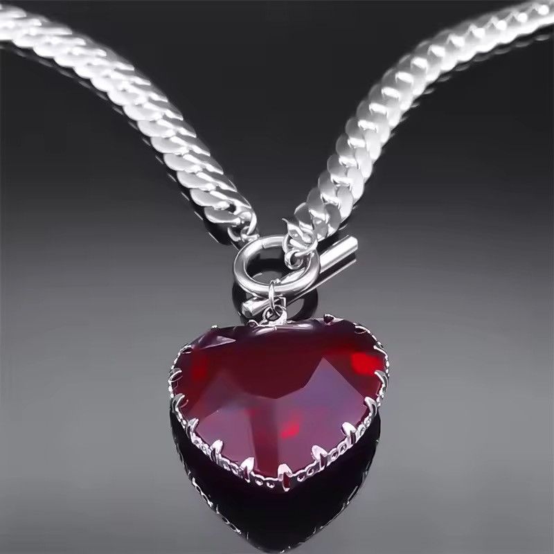 Jewelry Punk Red Heart Glas Pendant Necklace Choker Size ONE SIZE - 2 Thumbnail