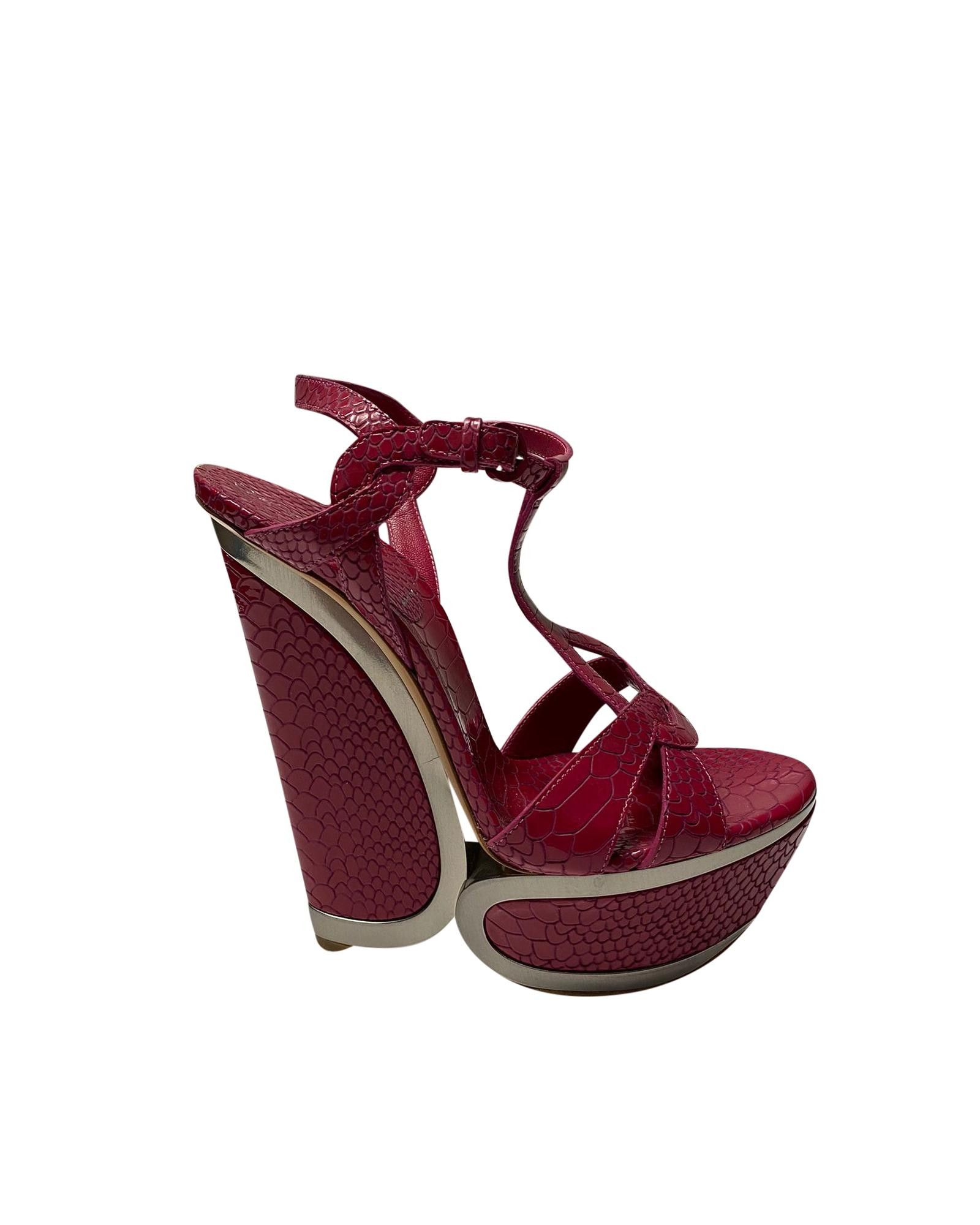 image of Casadei Python Embossed Wedge Sandals In Pink Leather, Women's (Size 8)