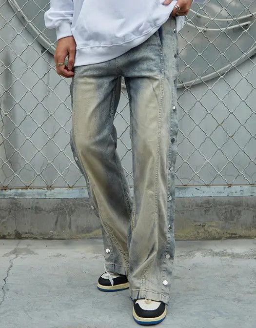 Japanese Brand Men's trendy side buttoned casual distressed jeans Size US 32 / EU 48 - 5 Thumbnail