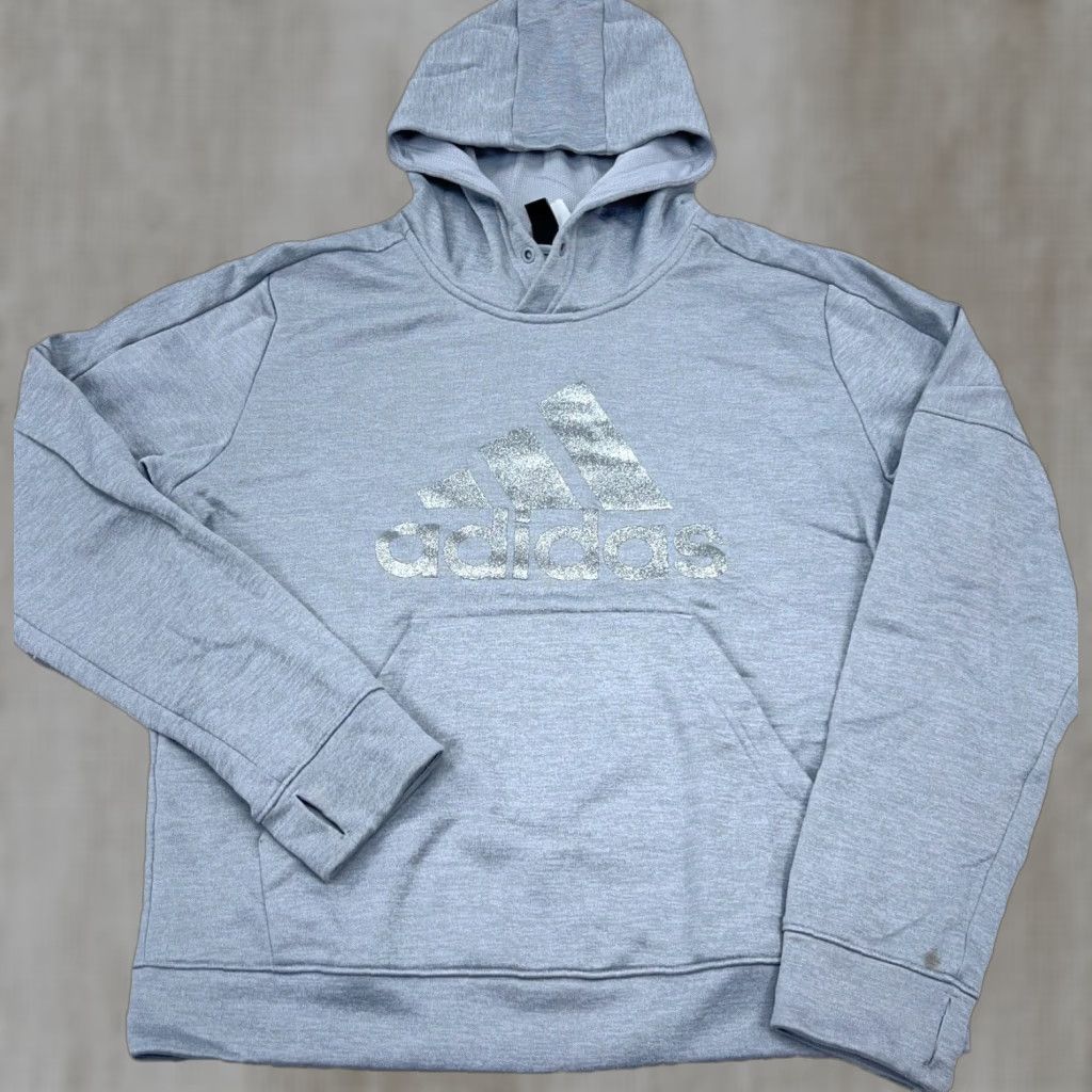 Adidas Adidas Hoodie Women Large Gray Sweatshirt Silver Glitter Logo Pullover Sweatshirt All Seasons Casual Size L / US 10 / IT 46 - 1 Thumbnail