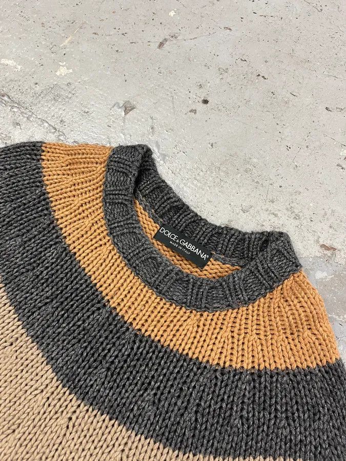 Designer × Dolce & Gabbana × Vintage 2000s Dolce & Gabbana Orange Grey Beige Lines Wool Sweater Size US M / EU 48-50 / 2 - 5 Thumbnail