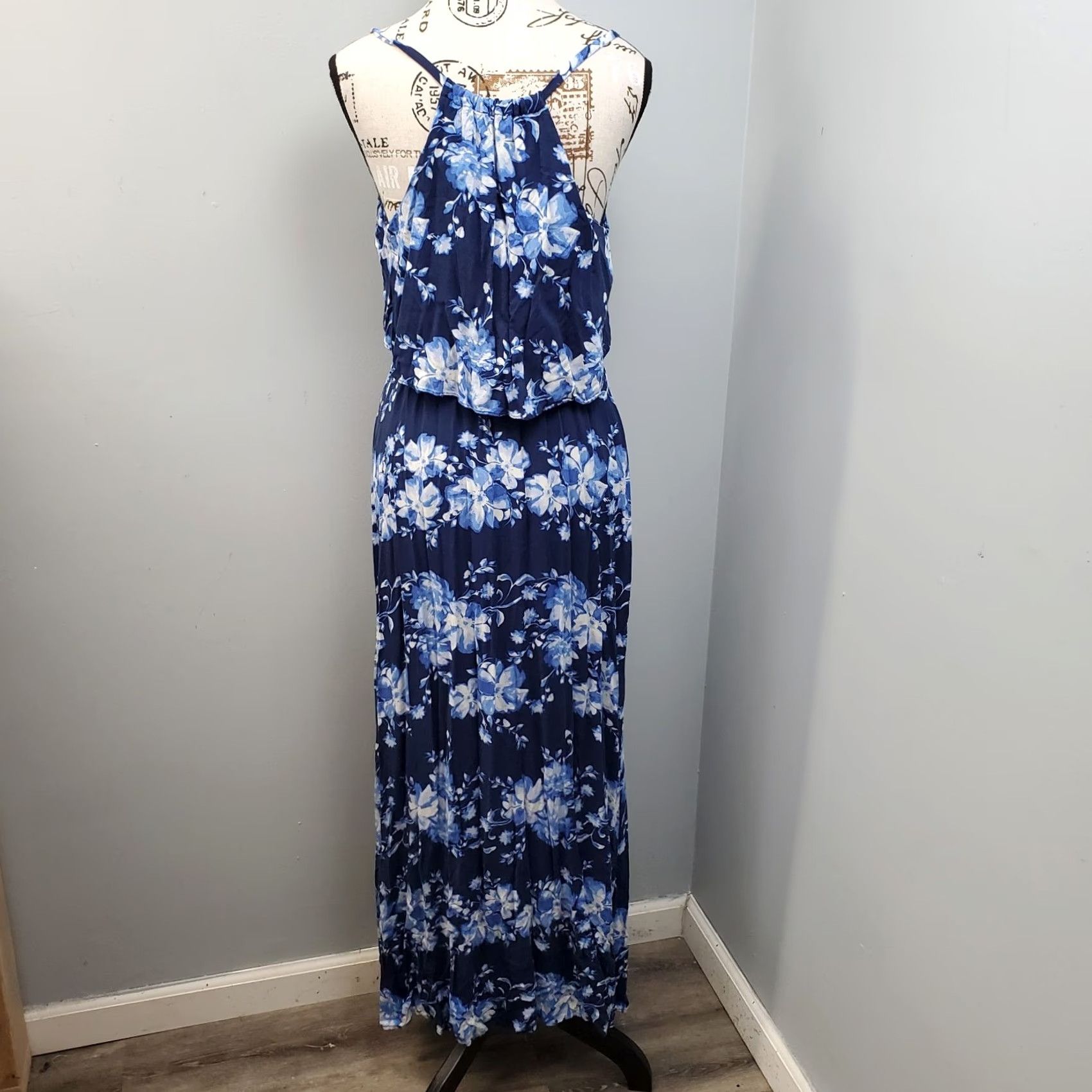 Vintage LC Lauren Conrad Maxi Dress Womens M Blue White Floral Cinch Waist Tiered Bodice Dress Size M / US 6-8 / IT 42-44 - 7 Thumbnail