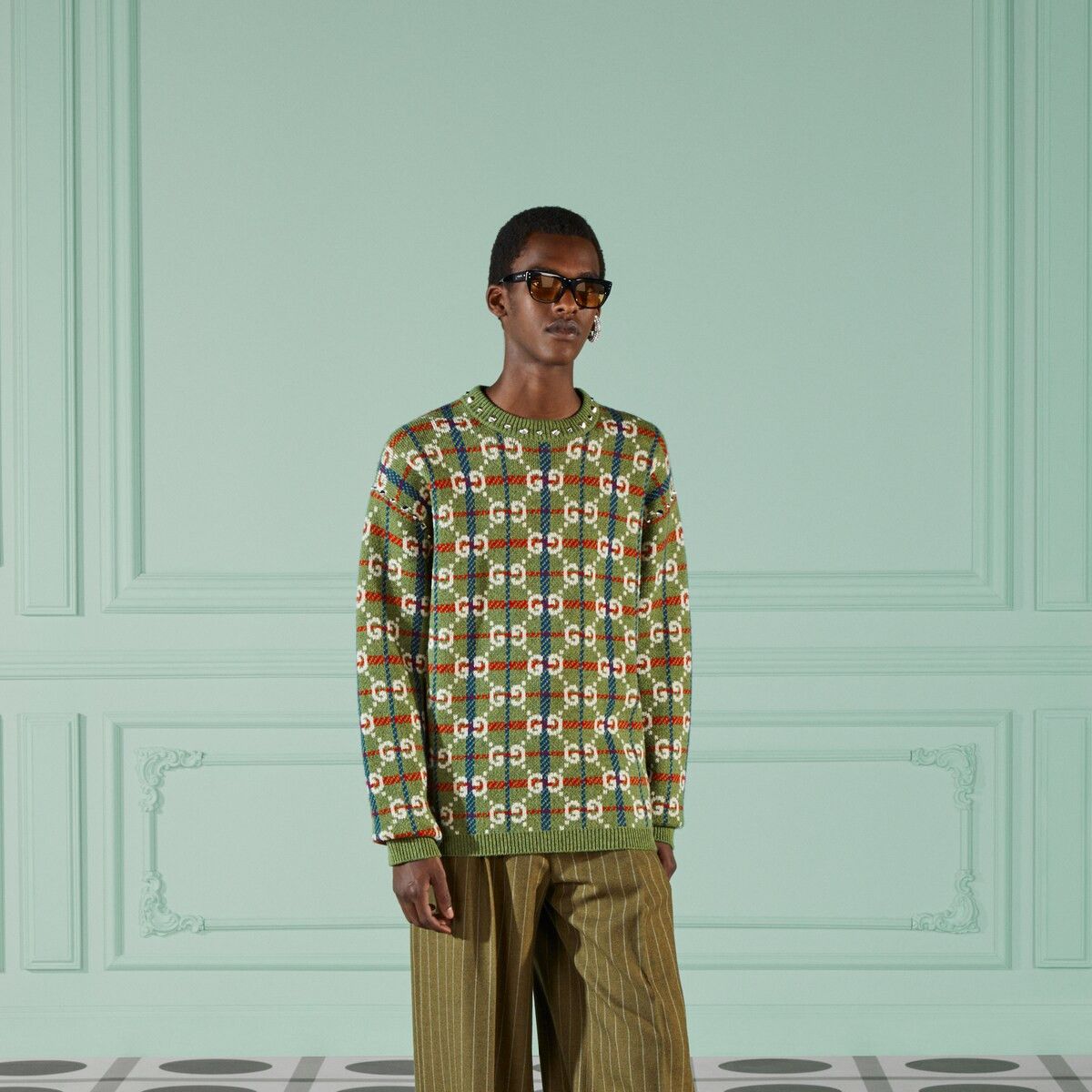 Gucci S - Gucci GG Check Knit Wool Sweater Neck Studs Green Size US S / EU 44-46 / 1 - 5 Thumbnail