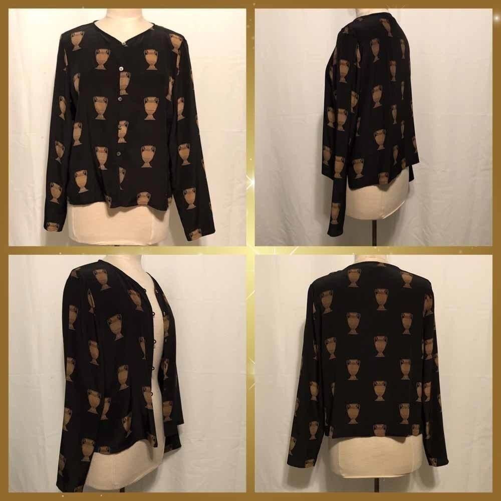 Designer Black Silk Blouse with Golden Urns - NWOT Size M / US 6-8 / IT 42-44 - 2 Thumbnail