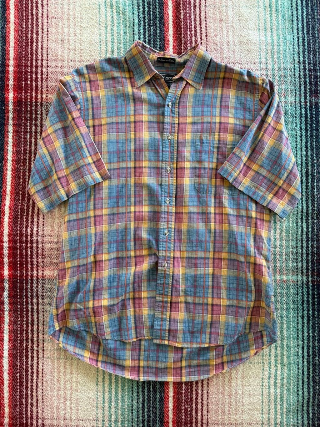 Burberry 80s Burberry Cotton/Linen Blue/Yellow/Pink Plaid Shirt L Size US L / EU 52-54 / 3 - 1 Thumbnail