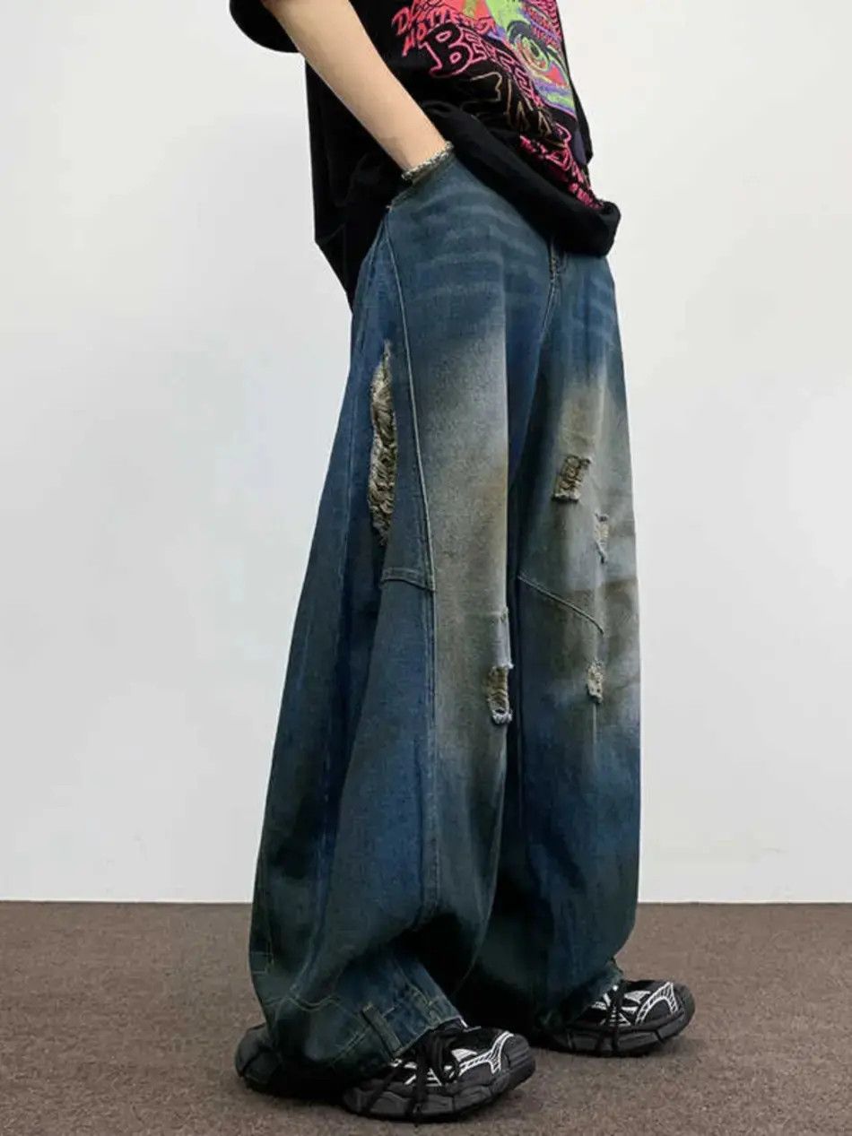 Japanese Brand Retro loose and distressed wide leg straight leg jeans Size US 32 / EU 48 - 1 Thumbnail