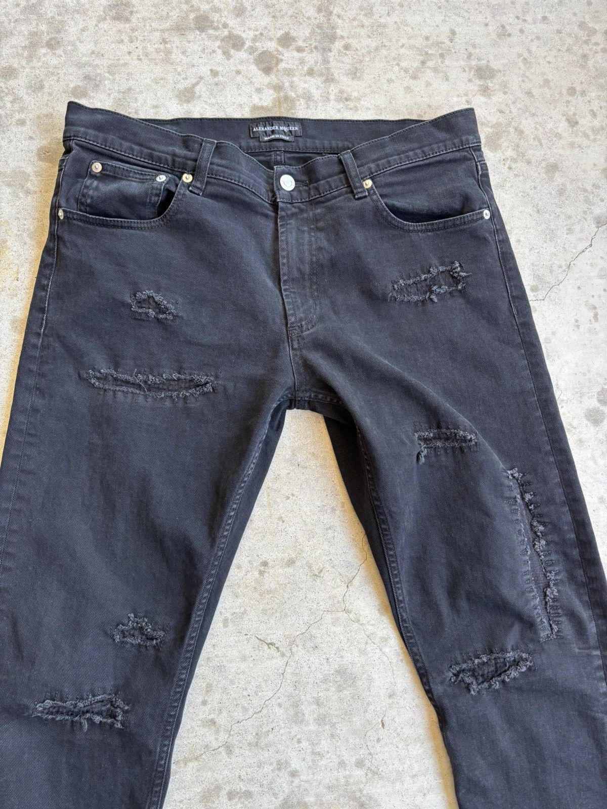 Alexander McQueen Thrashed Black Silk Trimmed Skinny Jeans Size US 34 / EU 50 - 2 Thumbnail