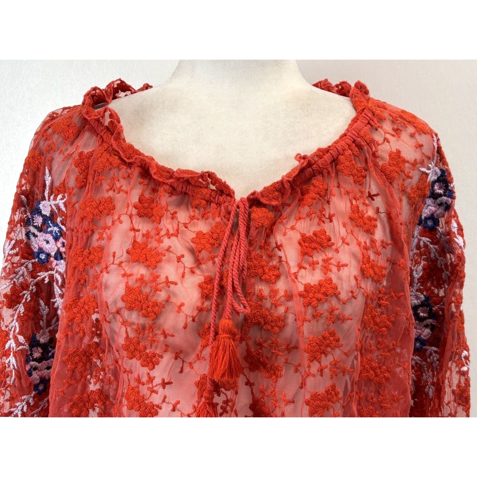 Free People Free People Floral Lace Embroidered Long Sleeve Top Womens Small Red Boho Style Size S / US 4 / IT 40 - 5 Thumbnail