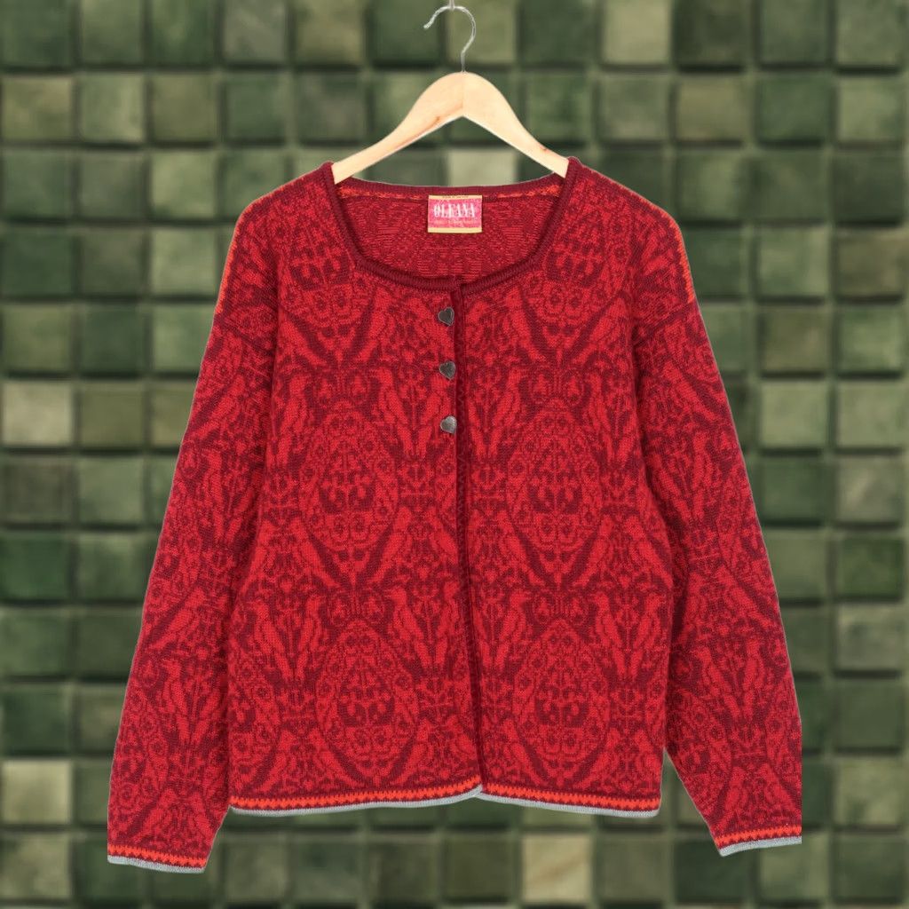 Vintage OLEANA Wool Cardigan Sweater Women Size L Nordic Fair Isle Vintage Red Cardigan Womens L, Red, Knitted Wool, Crew Neck, Button, 90s VR2471 Size L / US 10 / IT 46 - 1 Thumbnail