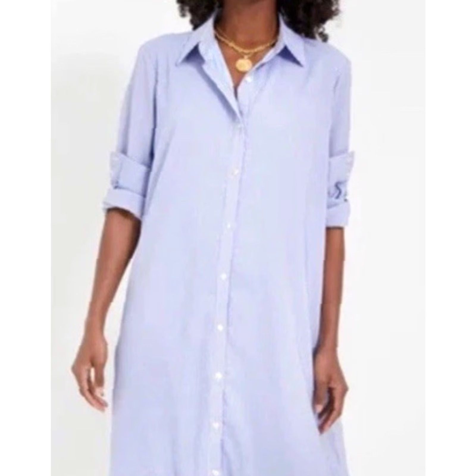 J.McLaughlin J. McLaughlin Shirt Dress Women M Blue-White Striped Midi Collared Pocket Button-Down Casual Dress Size M / US 6-8 / IT 42-44 - 2 Thumbnail