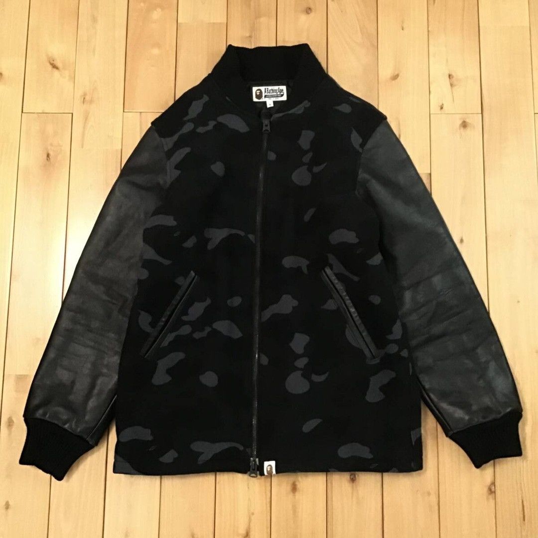 Bape × Nigo BAPE Leather sleeve varsity jacket black camo a bathing ape Size US S / EU 44-46 / 1 - 1 Thumbnail
