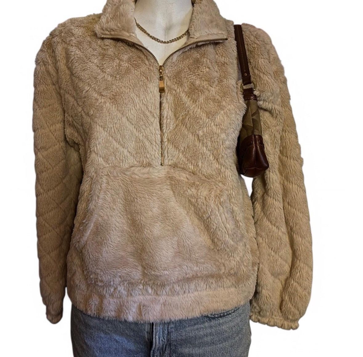 Other Tan Faux Fur Quarter Zip Sweater Size M / US 6-8 / IT 42-44 - 2 Thumbnail