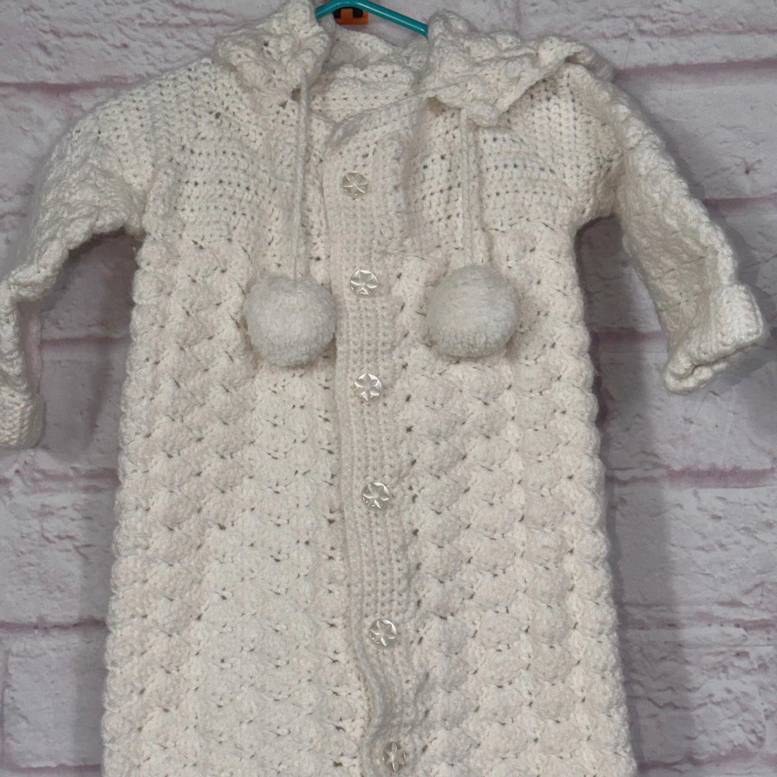 Other Handmade Crochet Baby Bunting with Hood and Pom Poms 0-6 Mos Size ONE SIZE - 2 Thumbnail