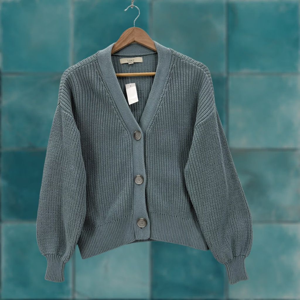 Loft VINTAGE LOFT Cardigan Sweater Womens XS Blue 100% Cotton Button Front Knit NWT Size XS / US 0-2 / IT 36-38 - 1 Thumbnail