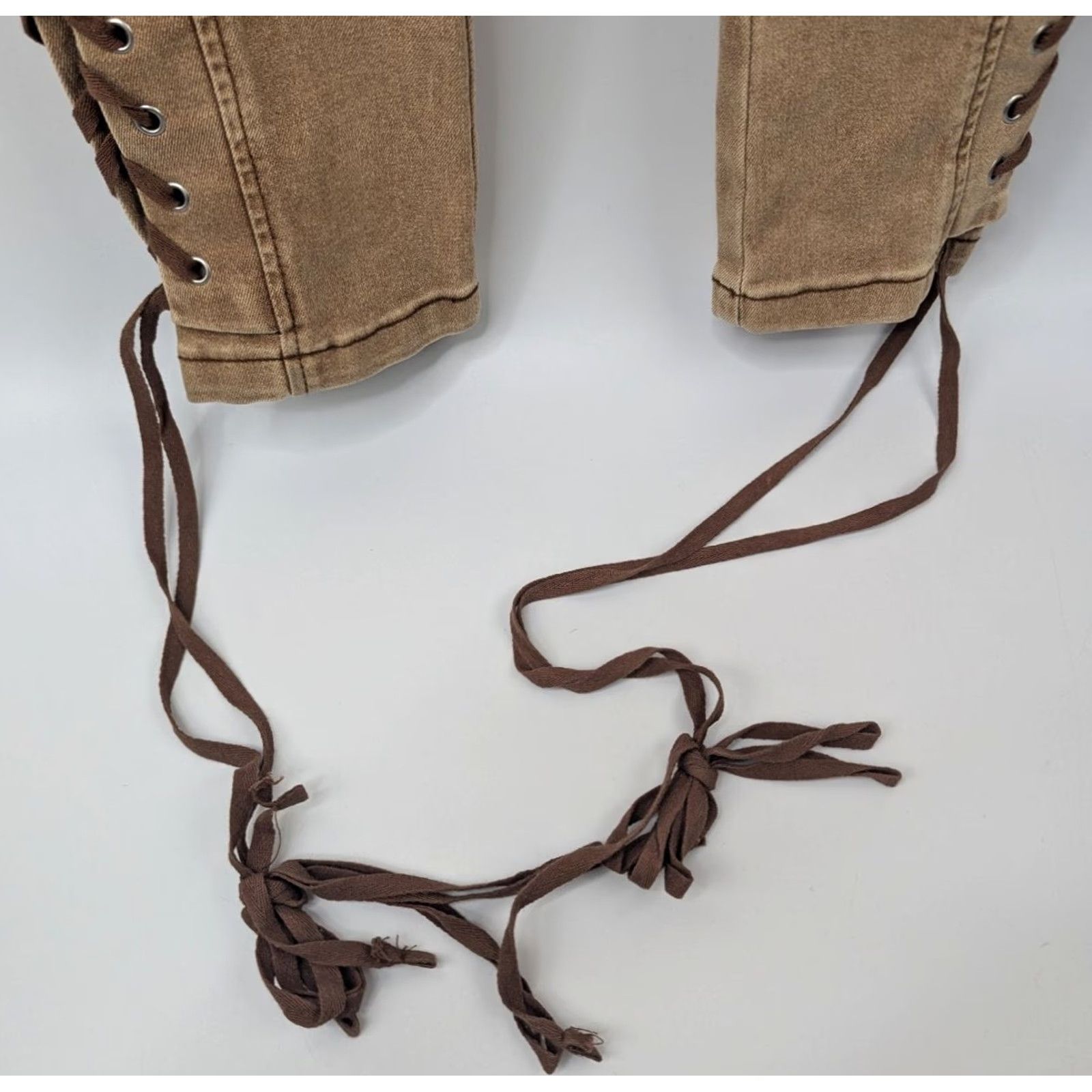 Vintage Rise Supply Co. Full Lace-up Expandable Sides Pants Y2K Western Hippie Khaki Tan 1 Denim Cotton Lyocell Polyester Teens Mens Womens Boys Girls Size 25" / US 0 / IT 36 - 5 Thumbnail