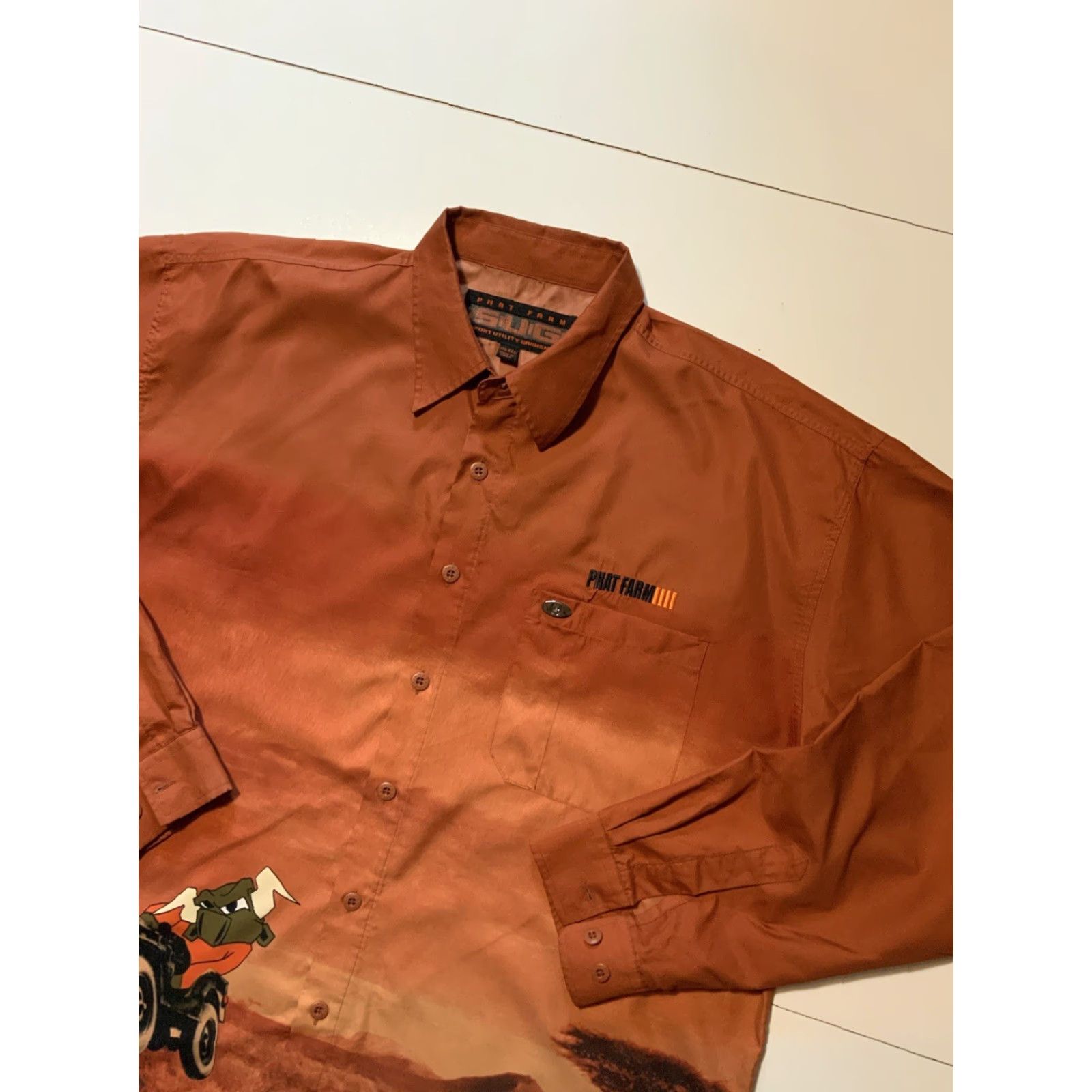Phat Farm VINTAGE Phat Farm S.U.G. Sport Utility Garments Bull Racing L/S Button Shirt XXL Orange Mens Button-Up Long Sleeve Size US XXL / EU 58 / 5 - 4 Thumbnail