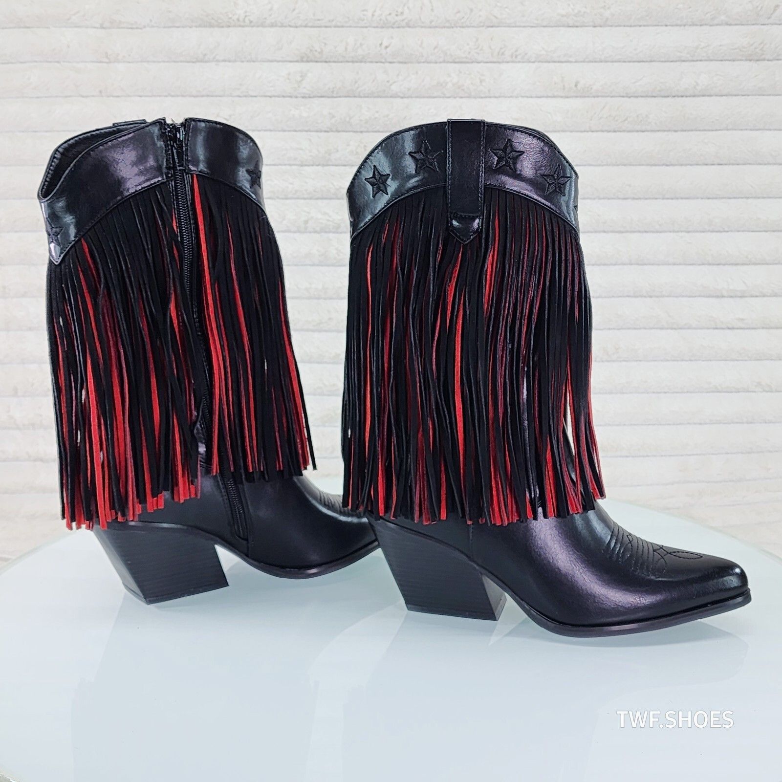 Other Country Swing Black and Red Fringe Western Cowgirl Boots Tuc Size US 8 / IT 38 - 5 Thumbnail