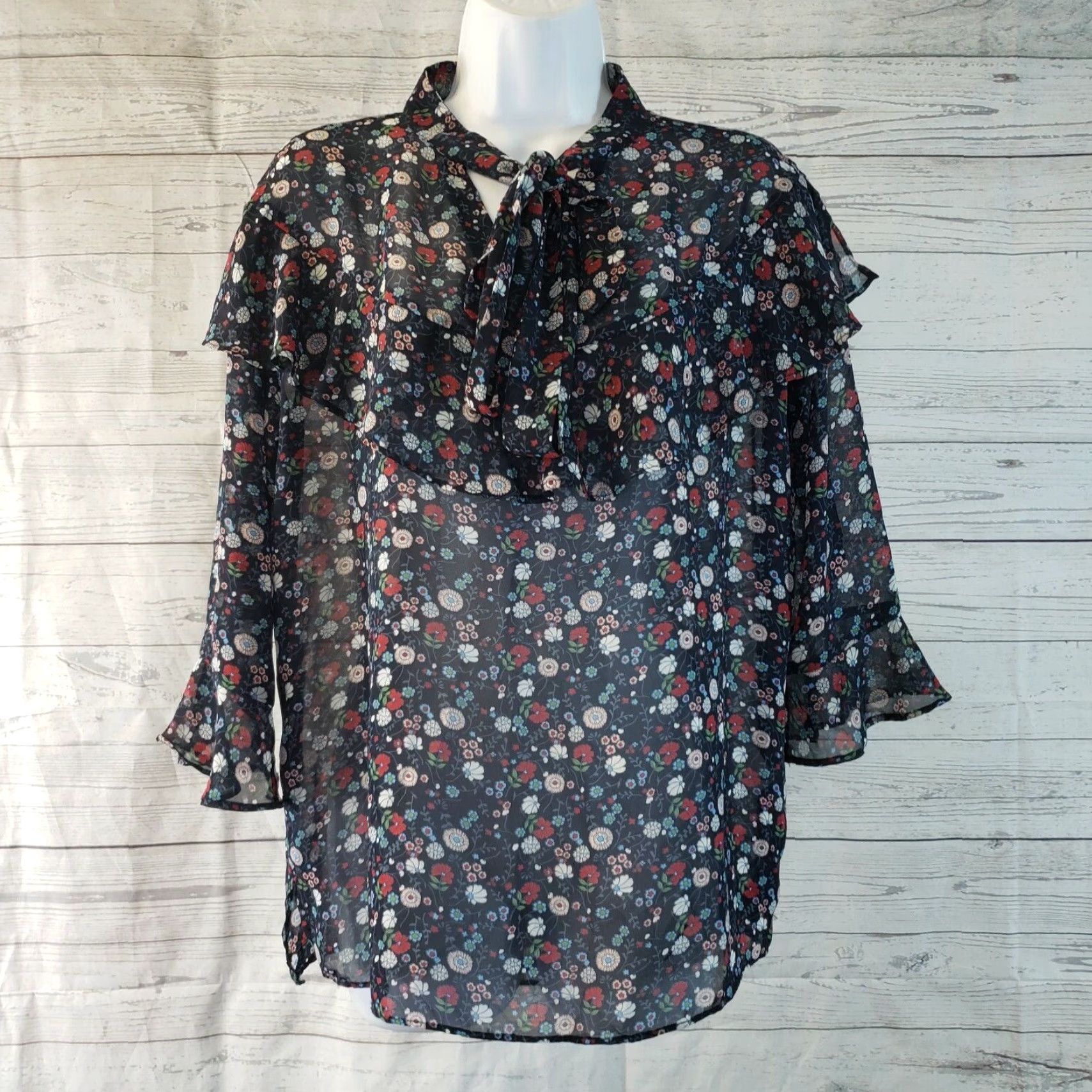 Vintage VINTAGE LeShop Womens Blouse Sz Small Blue Red Floral Sheer 3/4 Sleeve Ruffle Size S / US 4 / IT 40 - 2 Thumbnail
