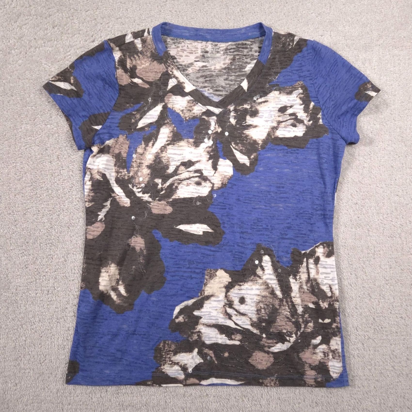 Vintage Nygard Shirt Womens S Blue Floral Sequin V Neck Short Sleeve Burnout Top Size S / US 4 / IT 40 - 2 Thumbnail
