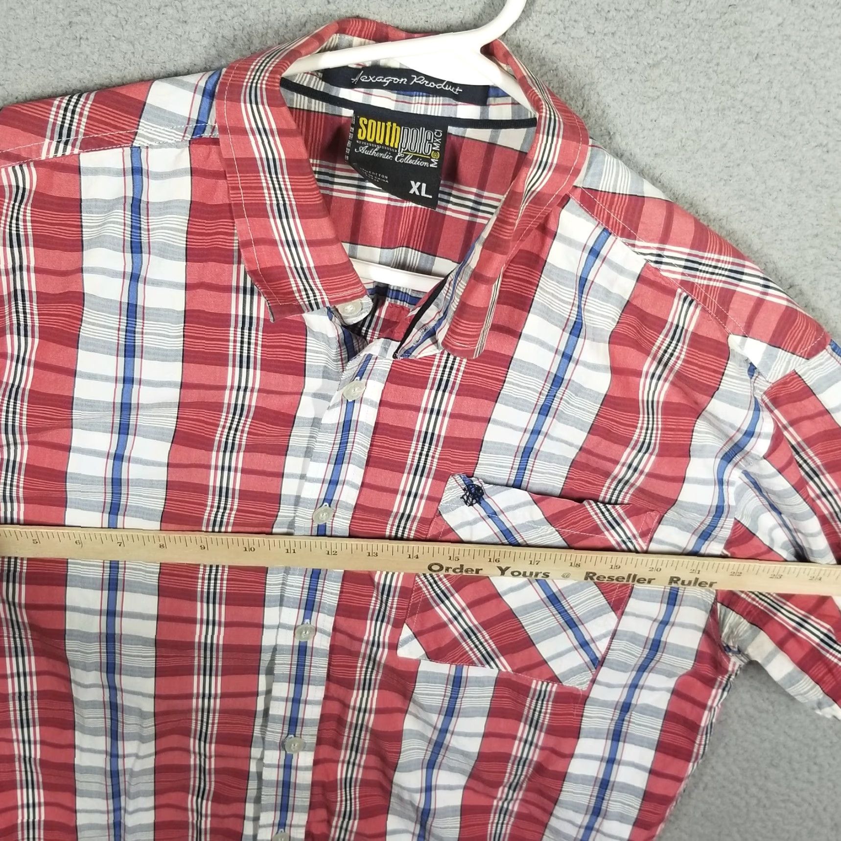 Southpole VINTAGE SouthPole Shirt Hexagon Red Plaid Button Front Short Sleeve Adult XL Red Hip Hop 90s Mens Size US XL / EU 56 / 4 - 5 Thumbnail