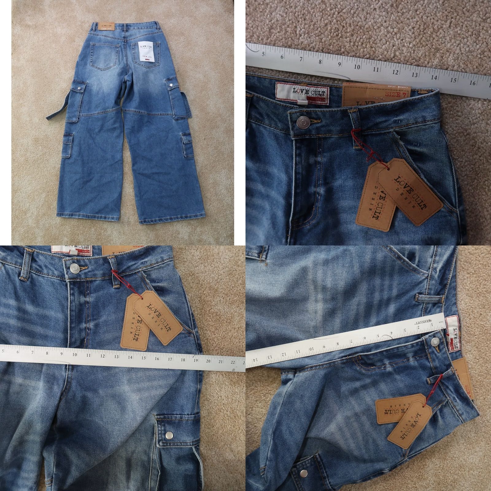 Vintage LOVE CULT Cargo Jeans Womens Juniors 7 Blue Frosted Wide-Leg Y2K New Size 28" / US 6 / IT 42 - 8 Thumbnail