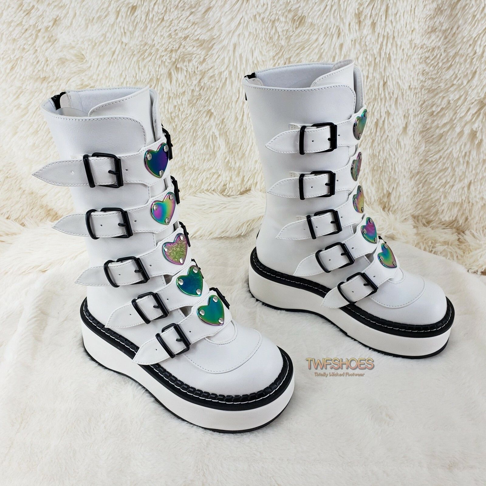 Demonia Cult DEMONIA Emily 330 White Matte 2" Platform Mid Calf Heart Com Size US 10 / IT 40 - 4 Thumbnail