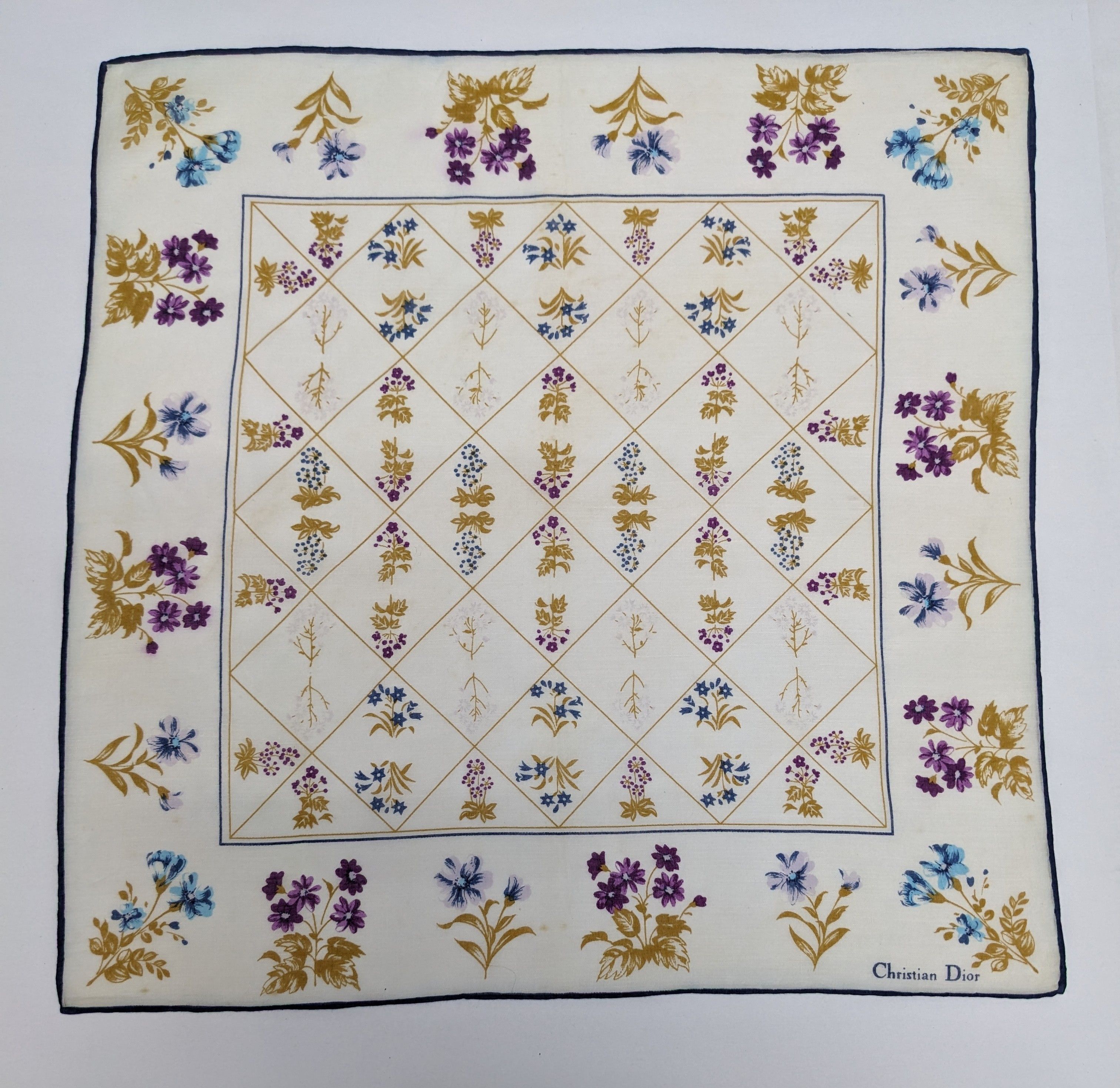 Christian Dior Monsieur CHRISTIAN DIOR Handkerchief Scarf Floral Diamond Lattice Size ONE SIZE - 3 Thumbnail