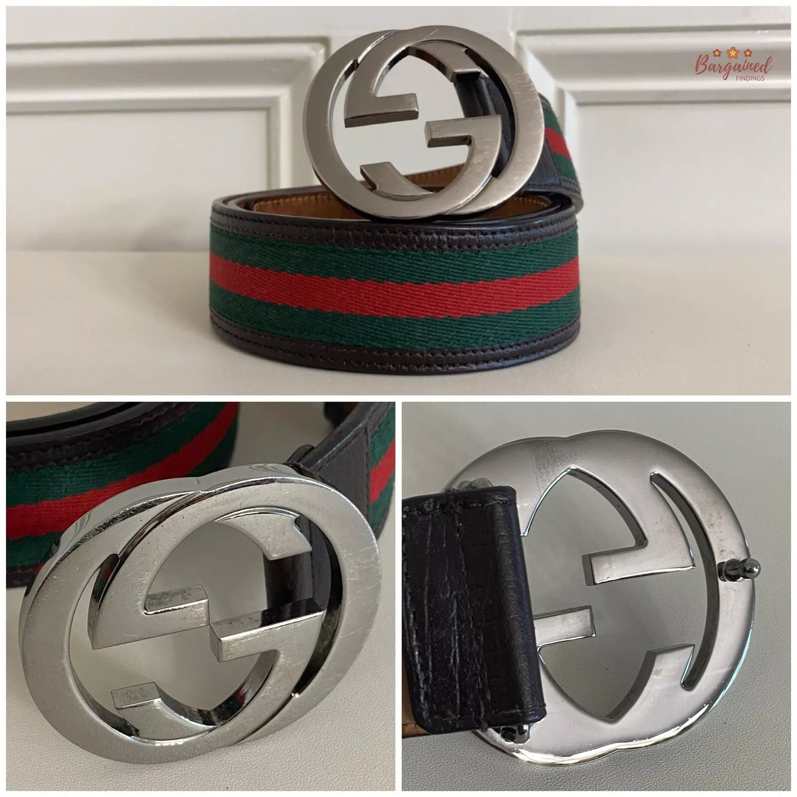 Gucci Gucci Web Canvas Leather Silver Interlocking G Buckle Belt Size 30 - 2 Thumbnail