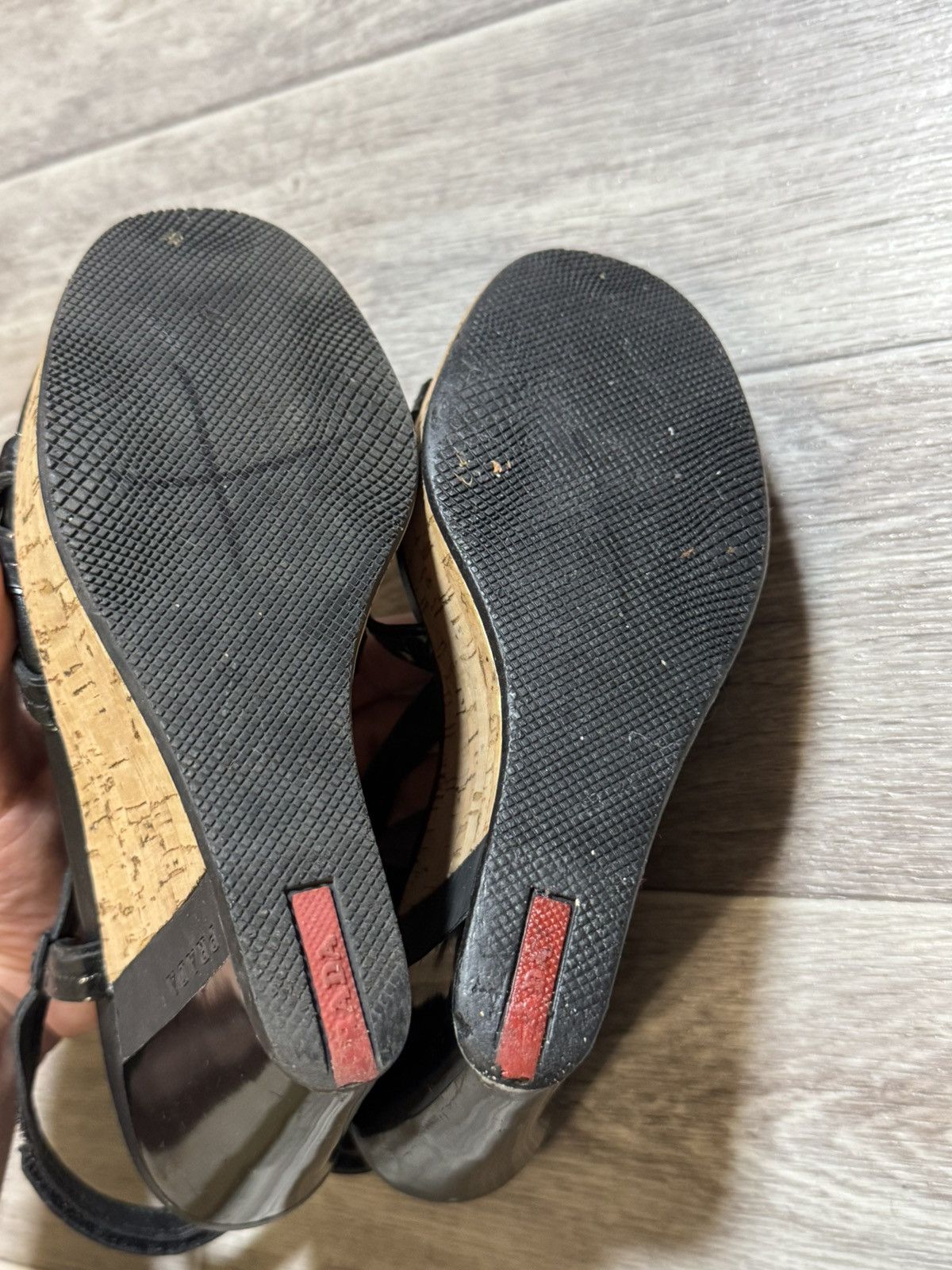 Prada Prada Sport Black Patent Leather/Cork Platform Wedge Sandals Size US 5 / IT 35 - 8 Thumbnail