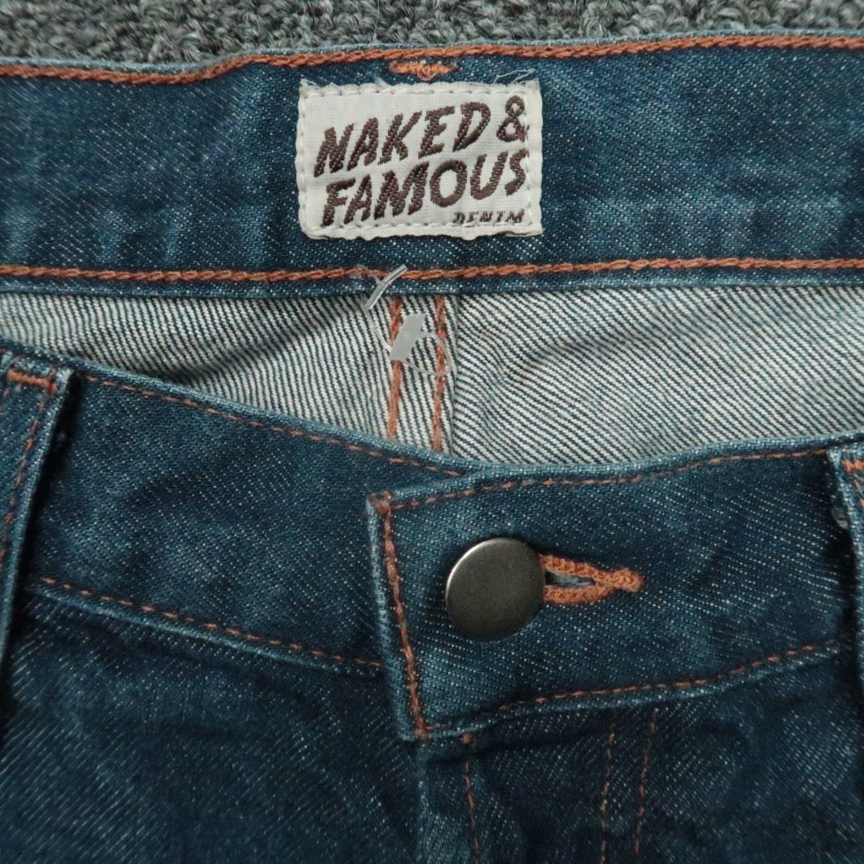 Vintage Naked & Famous Denim Jeans Mens 34x31 Indigo Revival Selvedge Button Fly Slim Straight 5-Pocket Size US 34 / EU 50 - 4 Thumbnail