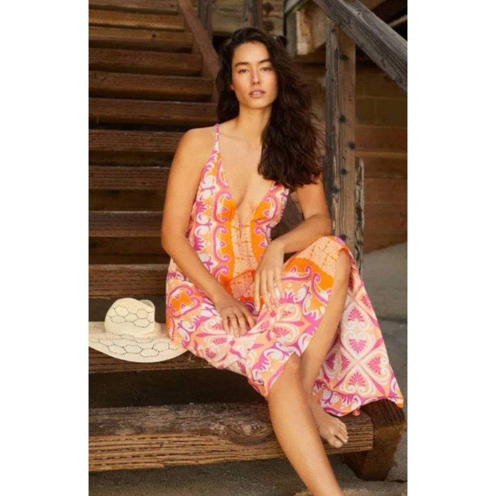 Anthropologie Anthropologie Orange Print Cover-Up Midi Dress Size XS / US 0-2 / IT 36-38 - 1 Thumbnail