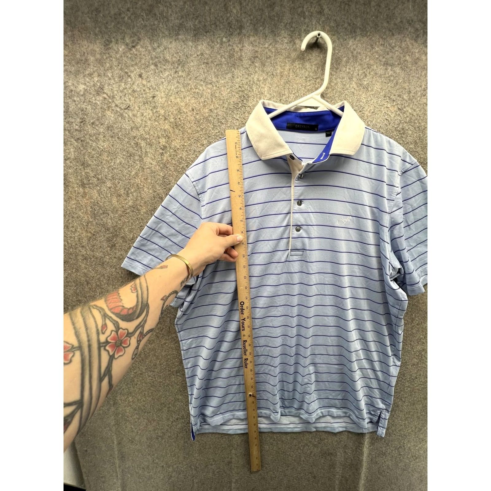 Vintage Greyson Polo Shirt Mens Large Blue Stripe Short Sleeve Golf Performance Stretch Polo Shirt Mens L Blue Striped Short Sleeve Size US L / EU 52-54 / 3 - 4 Thumbnail