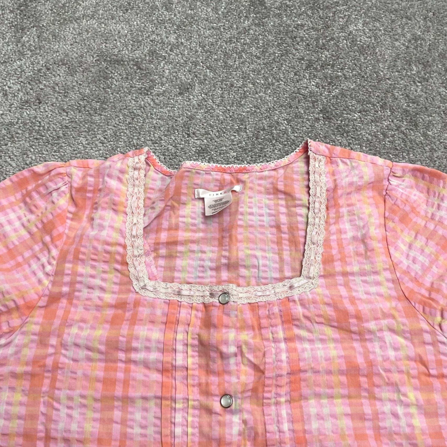 Pinko Pink K Nightgown Sleepwear Dress Womens Small Plaid Button Down Lace Trim Cotton Size S / US 4 / IT 40 - 3 Thumbnail