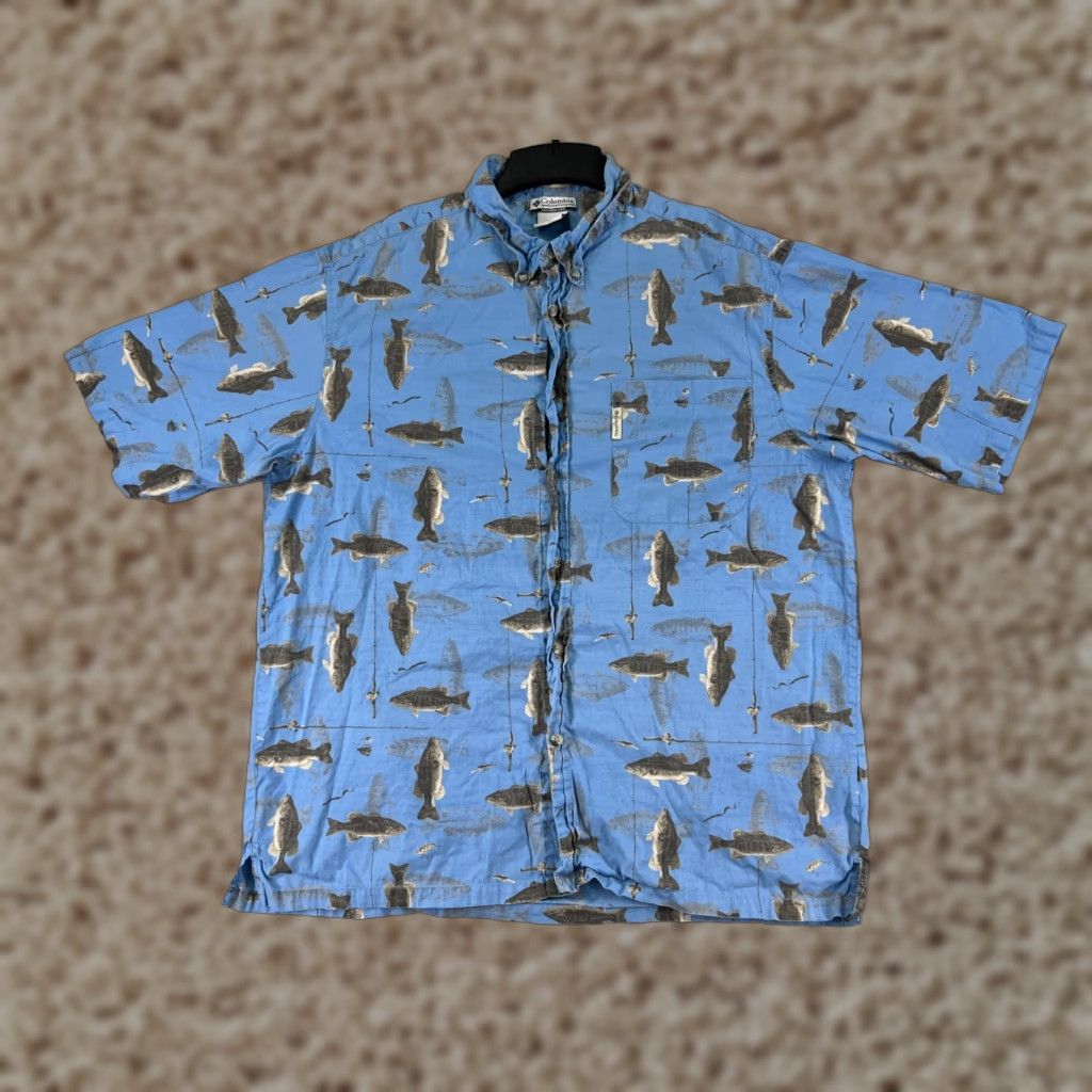 Vintage Columbia Shirt Men 2XL Blue Button Up Fish Pattern Casual Button-Up Cotton Short Sleeve MENS Size US XXL / EU 58 / 5 - 1 Thumbnail