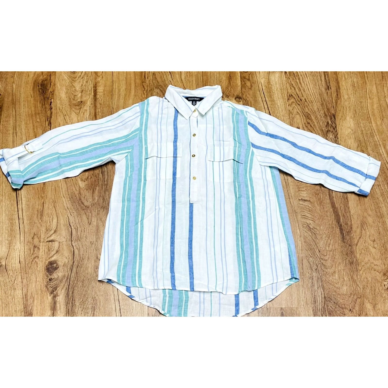 Vintage VINTAGE Ellen Tracy Shirt Womens 3/4 Sleeve Pullover Medium White Blue Green Chambray Buttoned Collar Casual 90s Regular Knit/ Cotton Blend Size M / US 6-8 / IT 42-44 - 3 Thumbnail