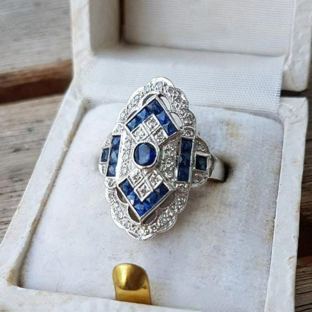 Designer Vintage Blue Sapphire European Silver Art Deco Ring - Size 7 Size ONE SIZE - 2 Thumbnail