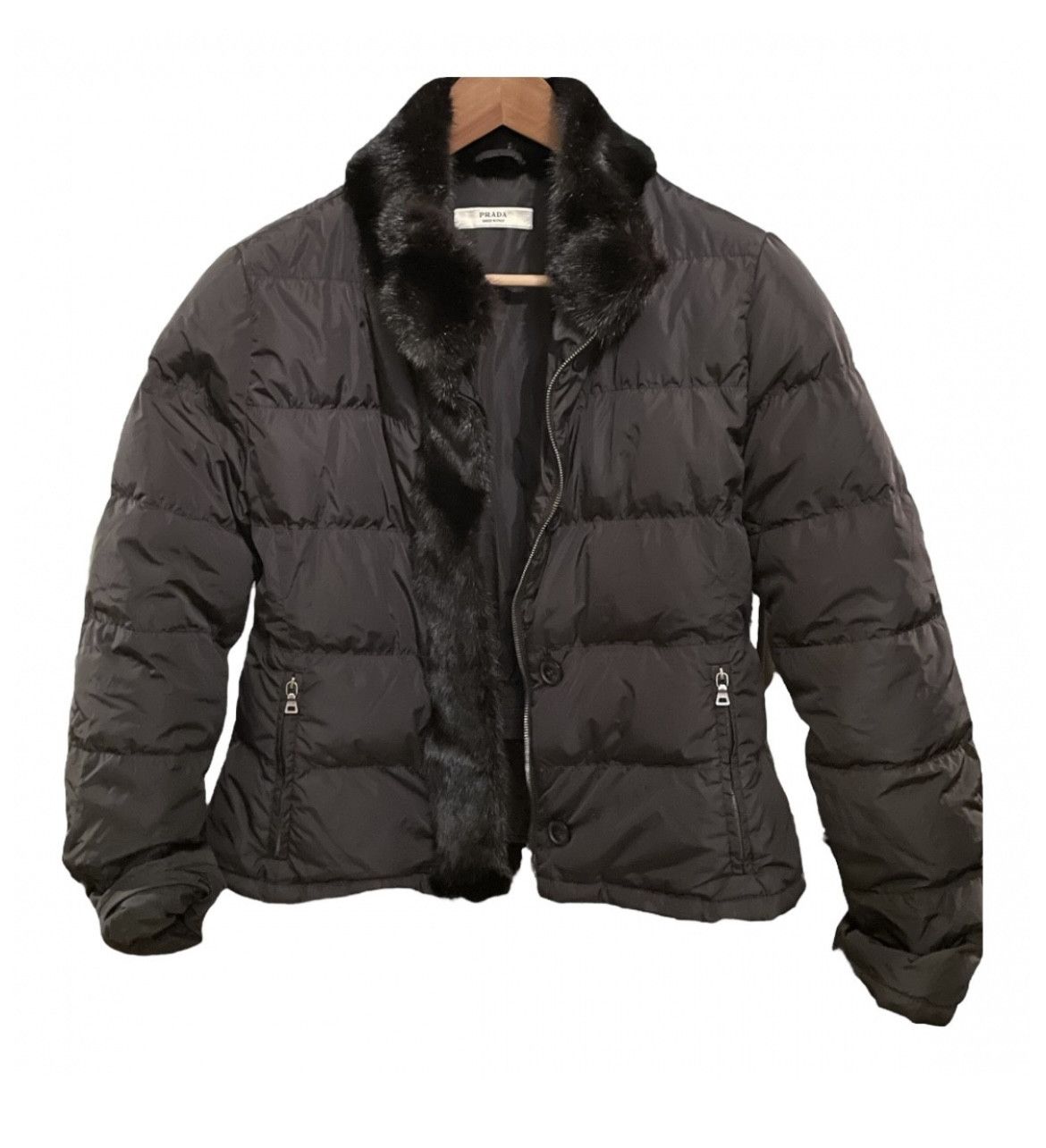 image of Prada Puffer Jacket With Fur Detail in Black, Women's (Size Large)