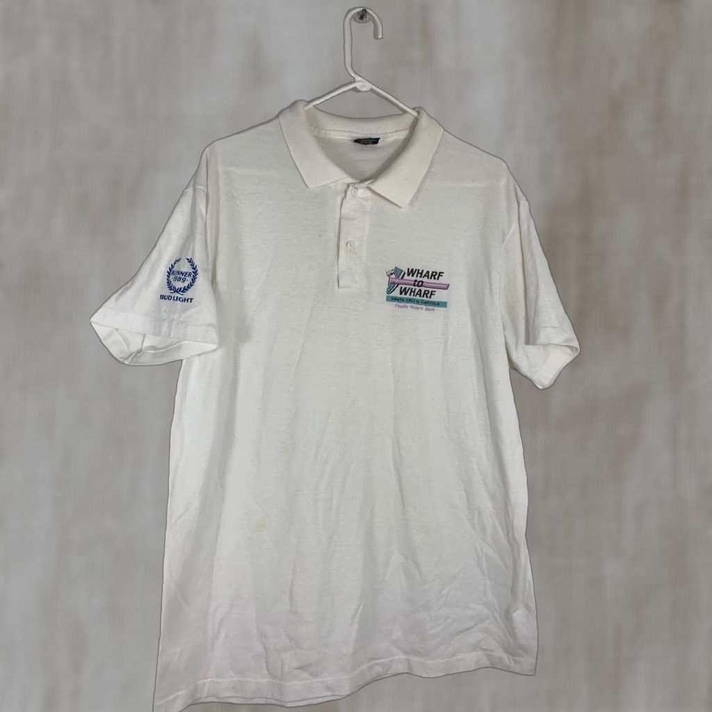 Anvil VINTAGE Anvil Polo Shirt Men XL White Cotton Blend Marathon Runner 1989 Santa Cruz Wharf To Wharf Shirt Size US XL / EU 56 / 4 - 1 Thumbnail