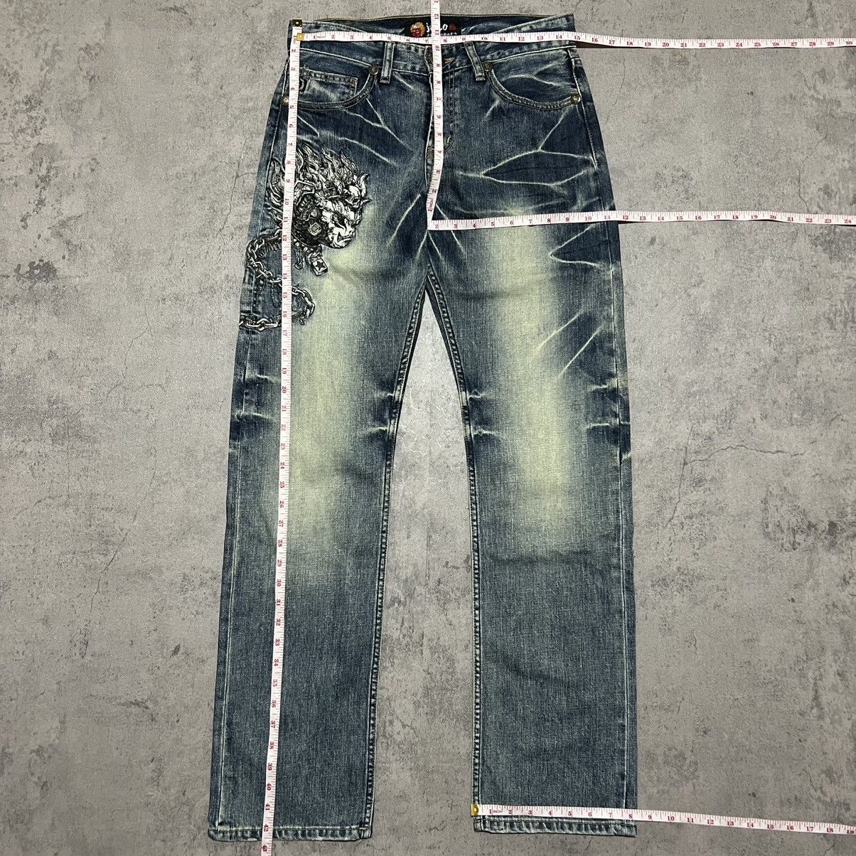 Japanese Brand Nippon Blue Jizo Bosatsu Skull Embroidery Whiskered Jeans Size US 30 / EU 46 - 11 Thumbnail