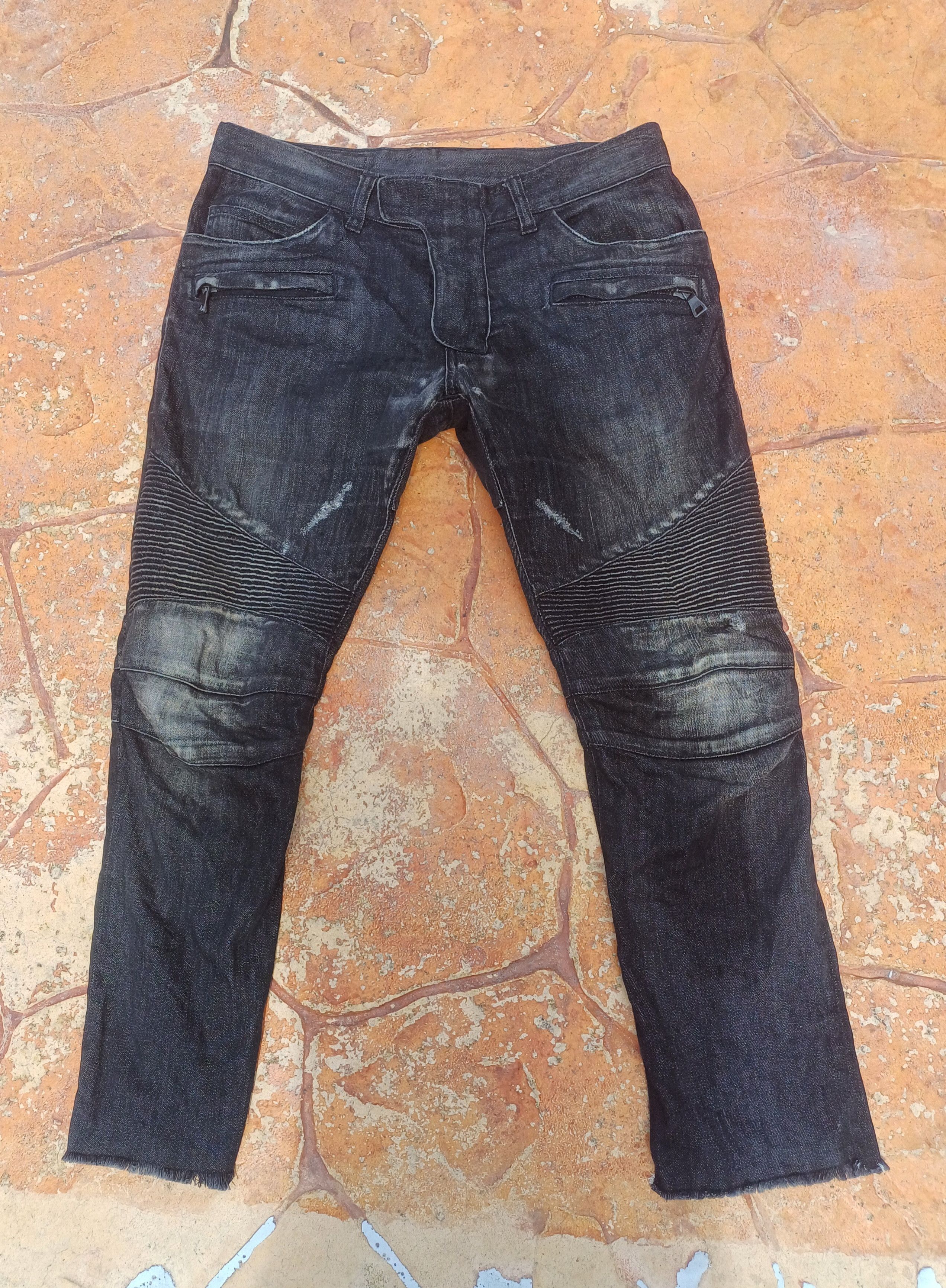 image of Balmain Paris Denim Jeans Mens Distressed Biker in Black (Size 32)