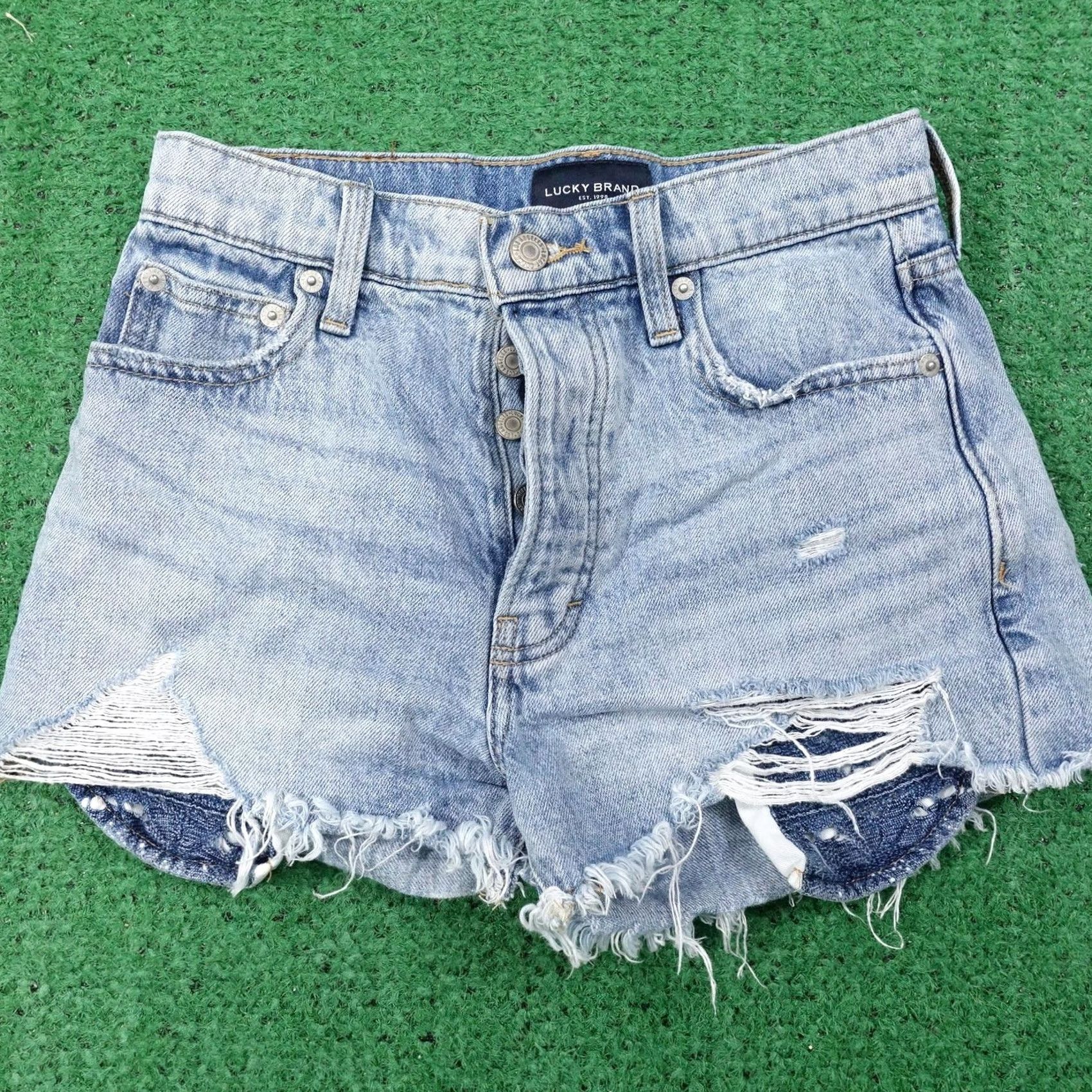 Lucky Brand Lucky Brand Mom High Rise Shorts Womens 00 Denim Blue Distressed 5-Pocket Fringe Summer Casual Jeans Shorts Womens Size 24" / US 00 / IT 34 - 2 Thumbnail