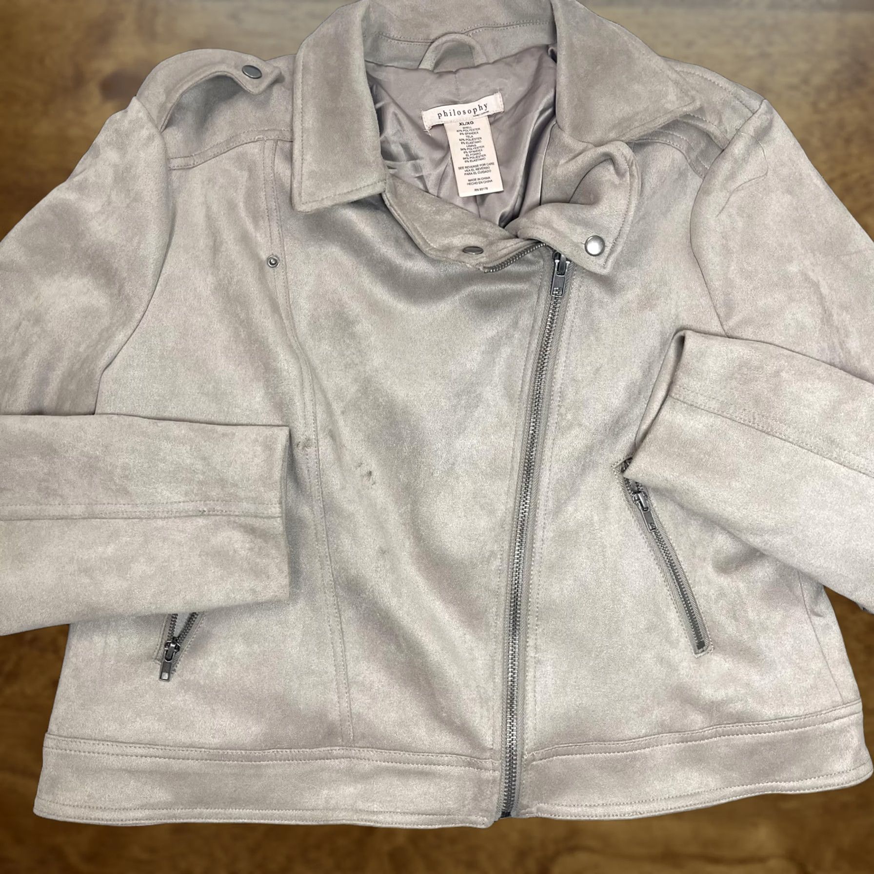 Vintage Philosophy Jacket Womens XL Taupe Faux Suede Moto Asymmetrical Zip Pockets Lined Size XL / US 12-14 / IT 48-50 - 1 Thumbnail